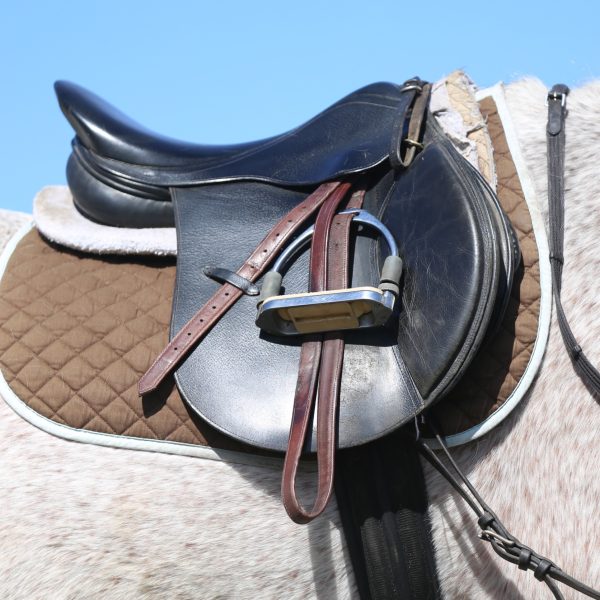 Close up of a sport horse saddle. Quality classical leather saddle ready for horse workout. Equestrian sport background outdoors